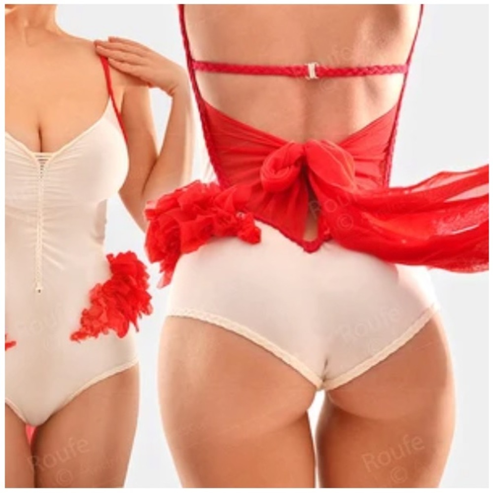 Whimsical Sexy Red Tulle Cotton Bodysuit Leotard